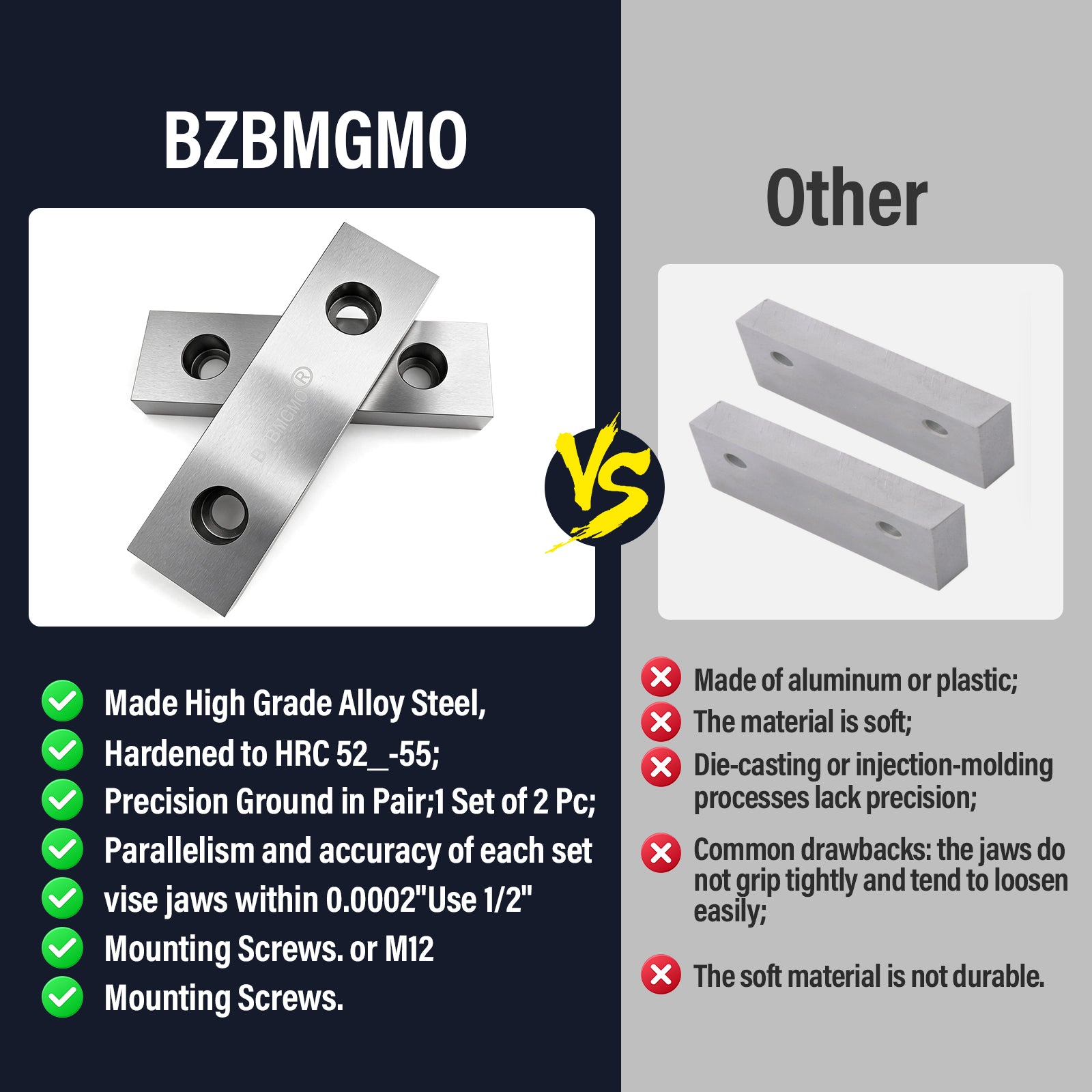 BZBMGMO 6" x 2" Tool Steel Hardened Vise Jaws for 6" Kurt Vises (HRC 58-60)