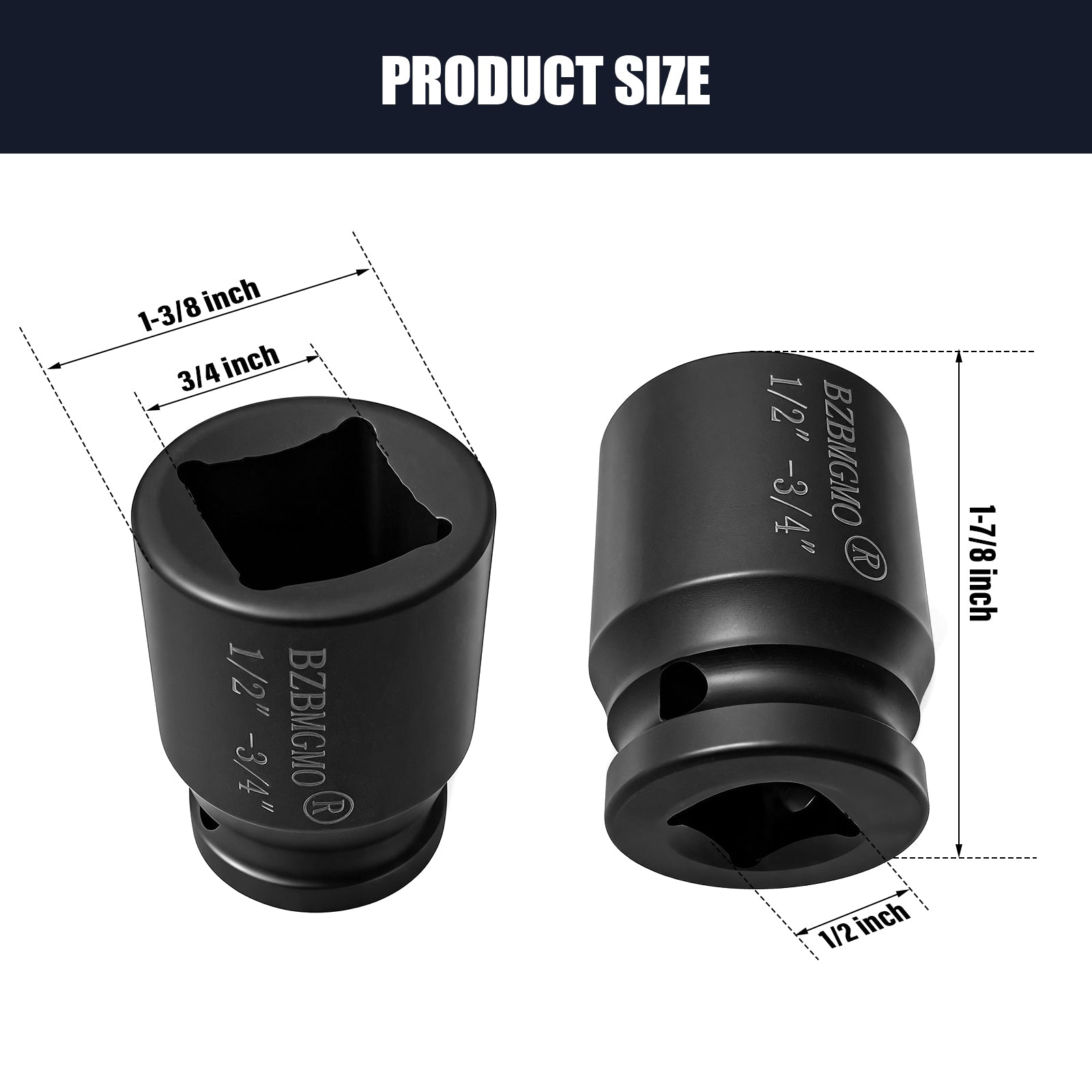 BZBMGMO 1/2" Drive x 3/4" 4-Point Square Impact Socket - Cr-Mo Steel