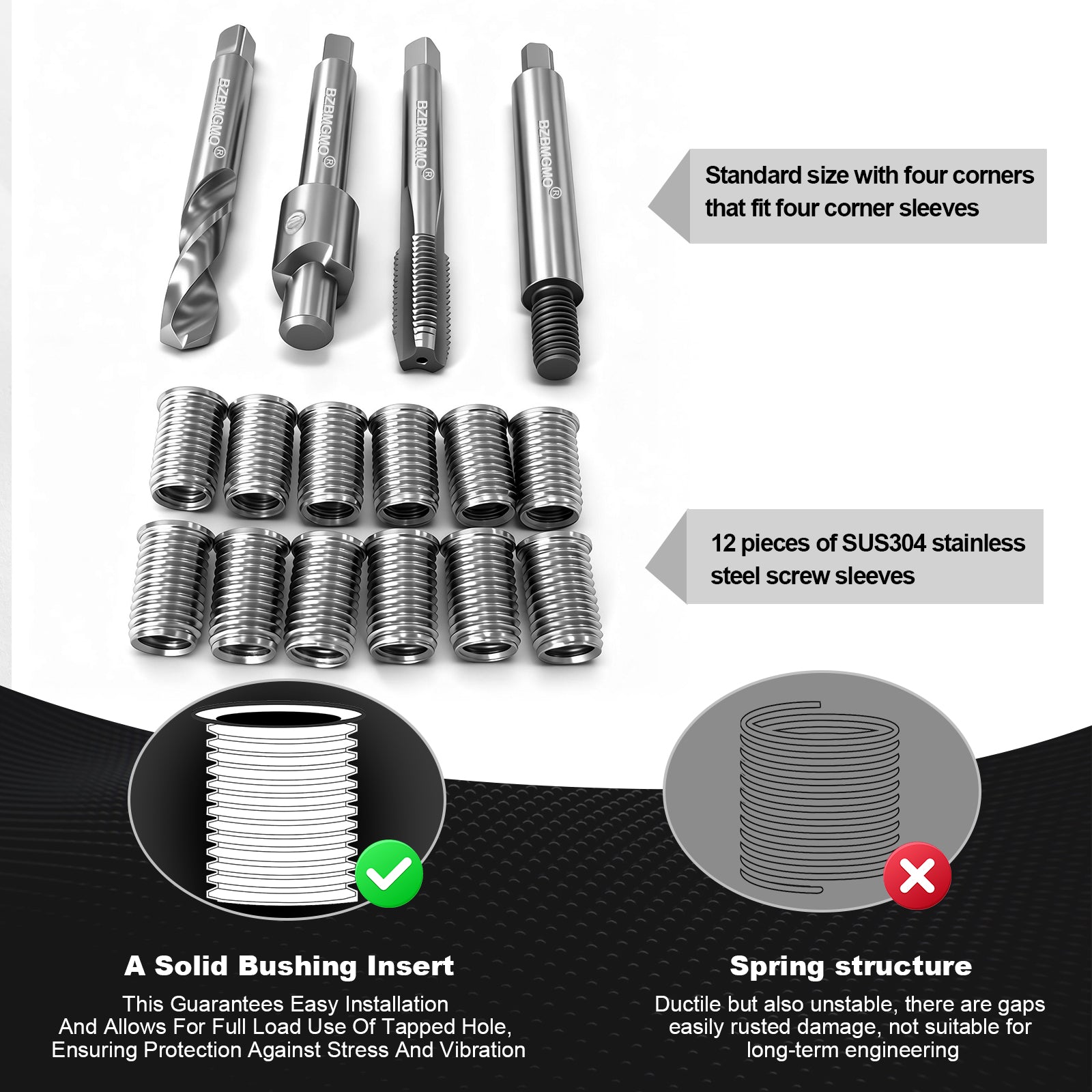 BZBMGMO M8x1.25 Metric Thread Repair Kit, 12 SS Inserts(16.2MM), HSS Tools