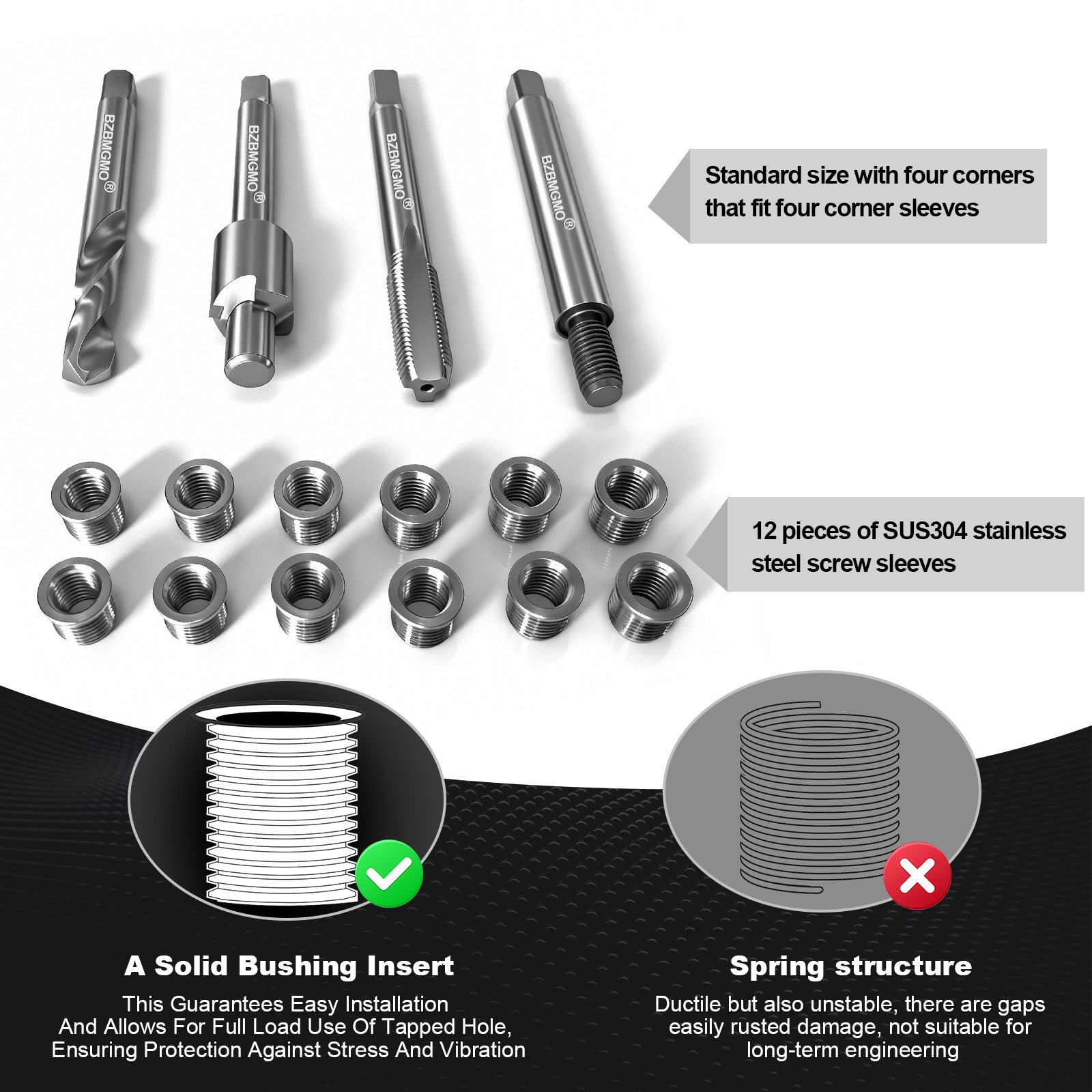 BZBMGMO M6x1.0 Metric Thread Repair Kit, 12 Stainless Inserts(7.4mm), HSS Tools