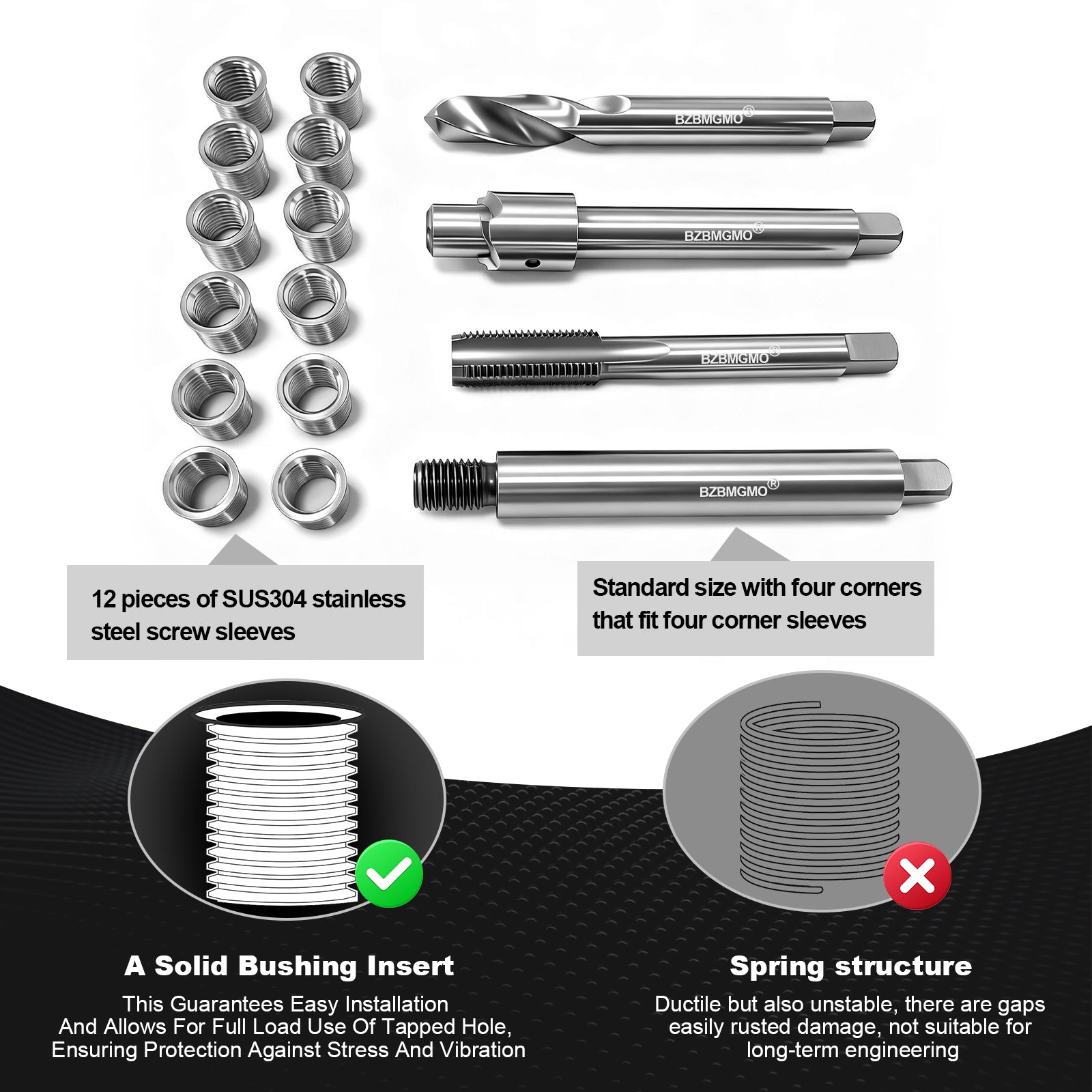 BZBMGMO M10x1.25 Metric Thread Repair Kit, 12  SS Inserts(12.7MM), HSS Tools
