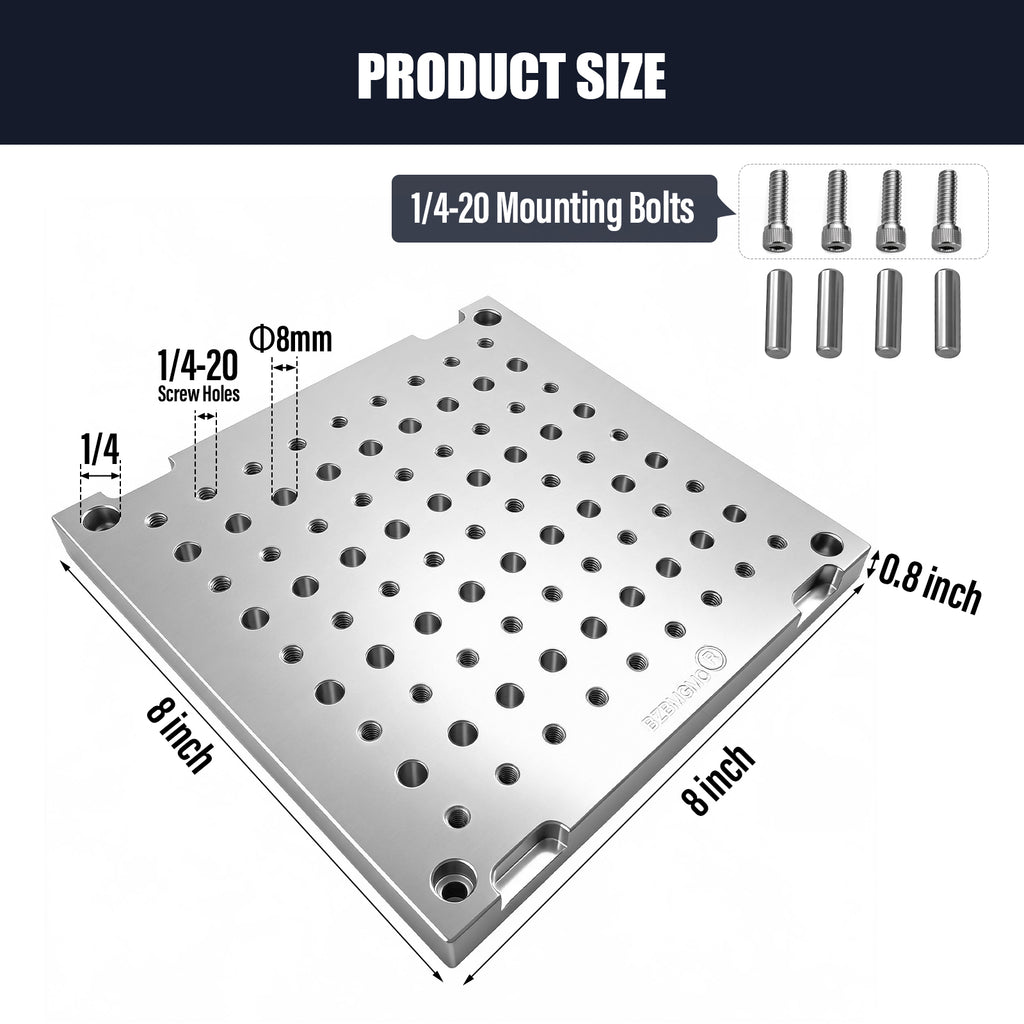 BZBMGMO 8x8x0.8" MIC 6 Aluminum Fixture / Sacrificial Plate, Mini Pallet, 1/4-20