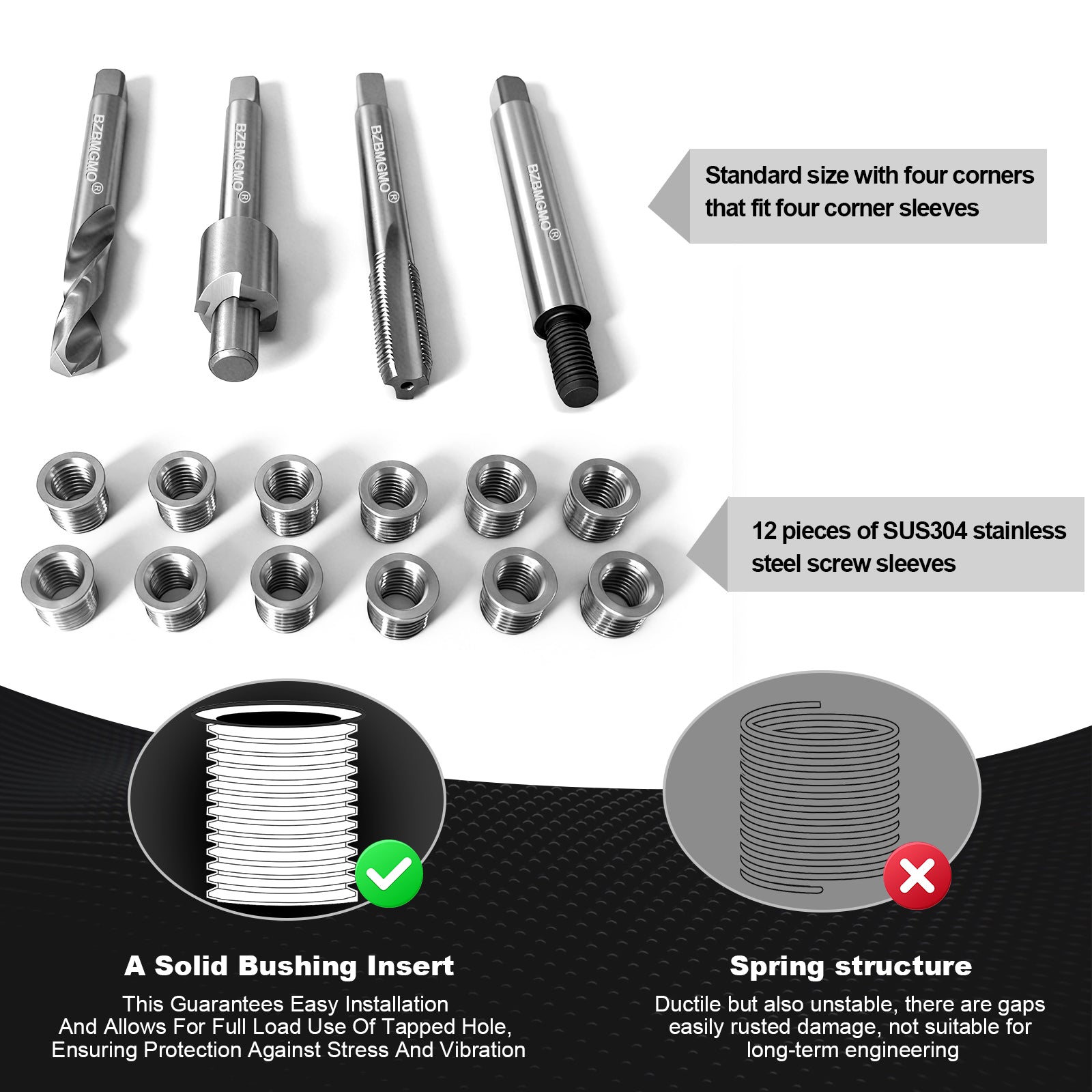 BZBMGMO M7x1.0 Thread Repair Kit, 12 Stainless Inserts(9.4mm), HSS Tools