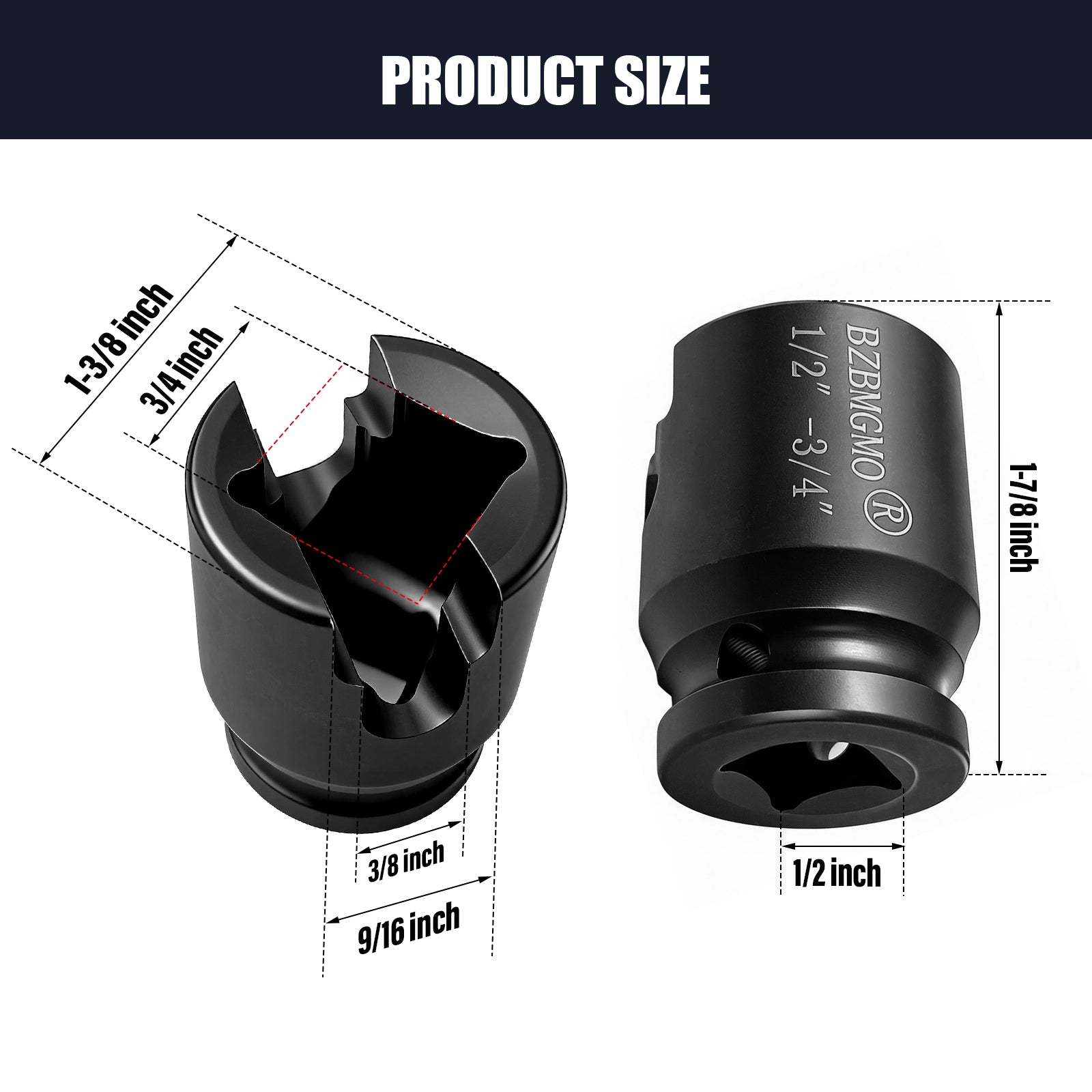 BZBMGMO 1/2" Drive Lineman Socket for 3/4" Square Nuts (3/8" & 9/16" Slot)
