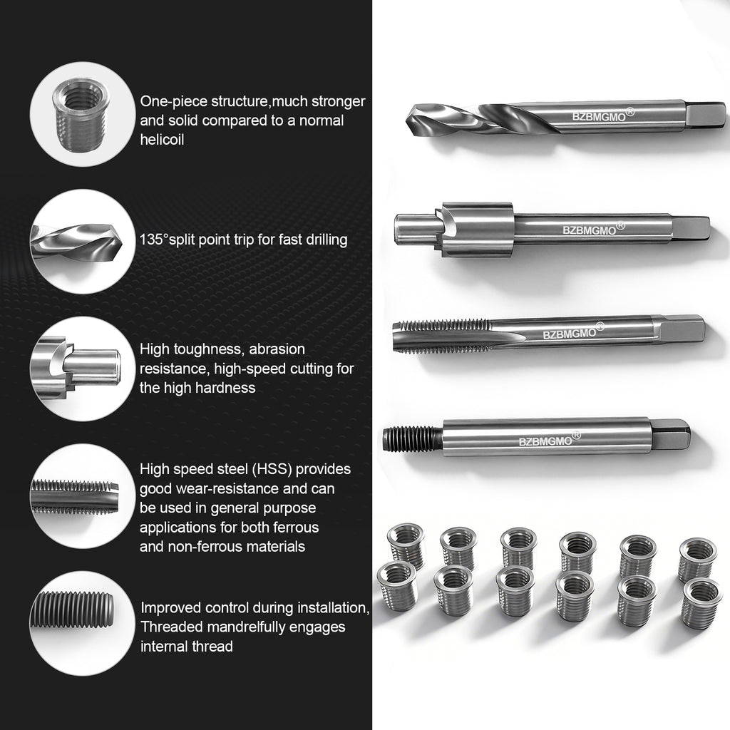 BZBMGMO M6x1.0 Metric Thread Repair Kit, 12 Stainless Inserts（9.4mm）, HSS Tools