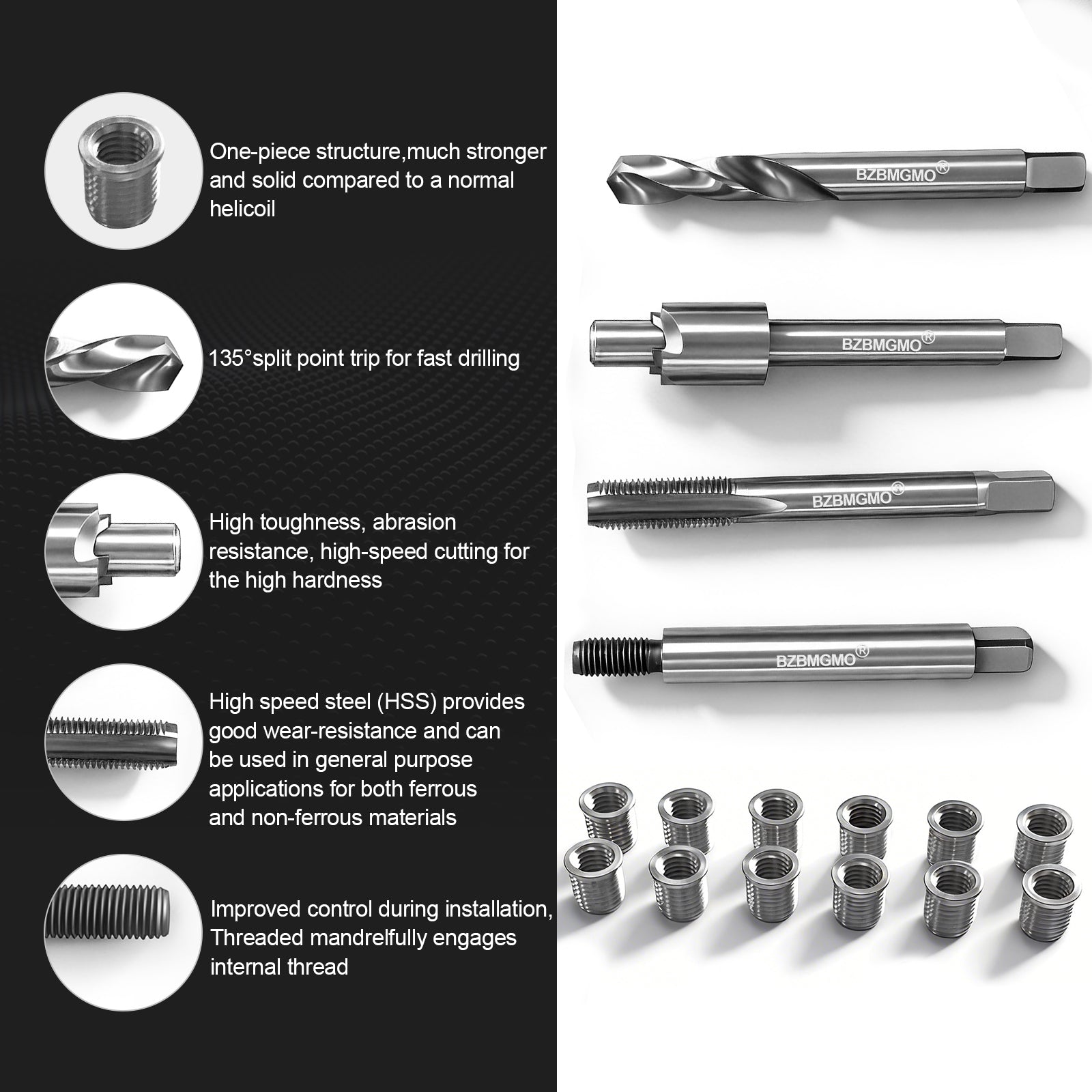 BZBMGMO M6x1.0 Metric Thread Repair Kit, 12 Stainless Inserts（9.4mm）, HSS Tools