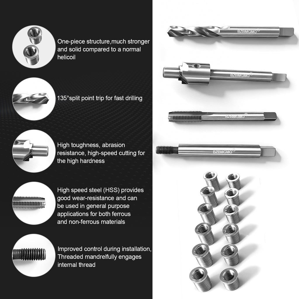 BZBMGMO M6x1.0 Thread Repair Kit, 12 Stainless Inserts(9.4/11.4mm), HSS Tools