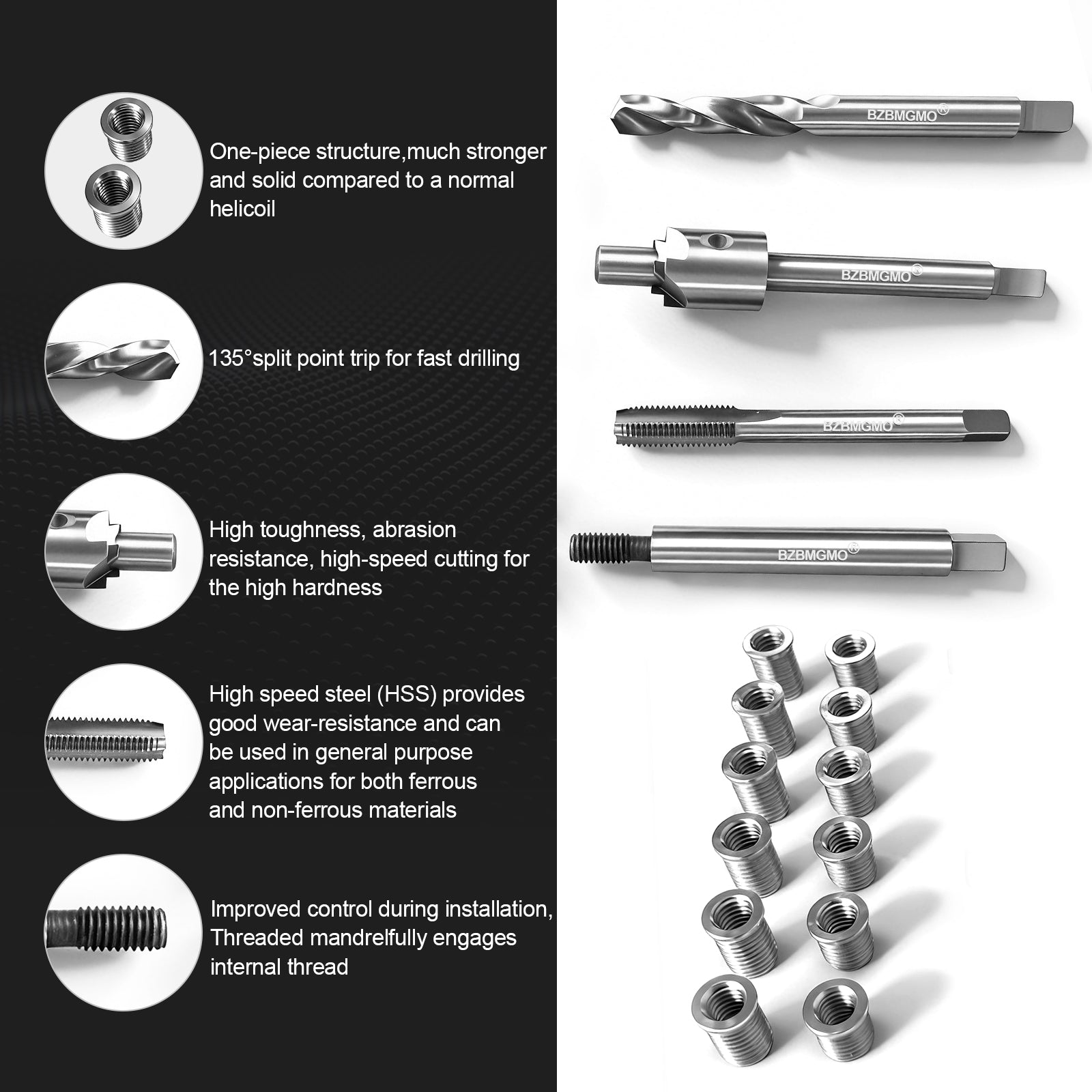 BZBMGMO M6x1.0 Thread Repair Kit, 12 Stainless Inserts(9.4/11.4mm), HSS Tools