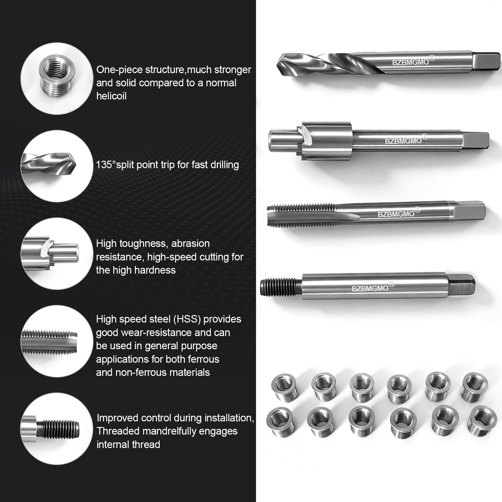BZBMGMO M6x1.0 Metric Thread Repair Kit, 12 Stainless Inserts(7.4mm), HSS Tools