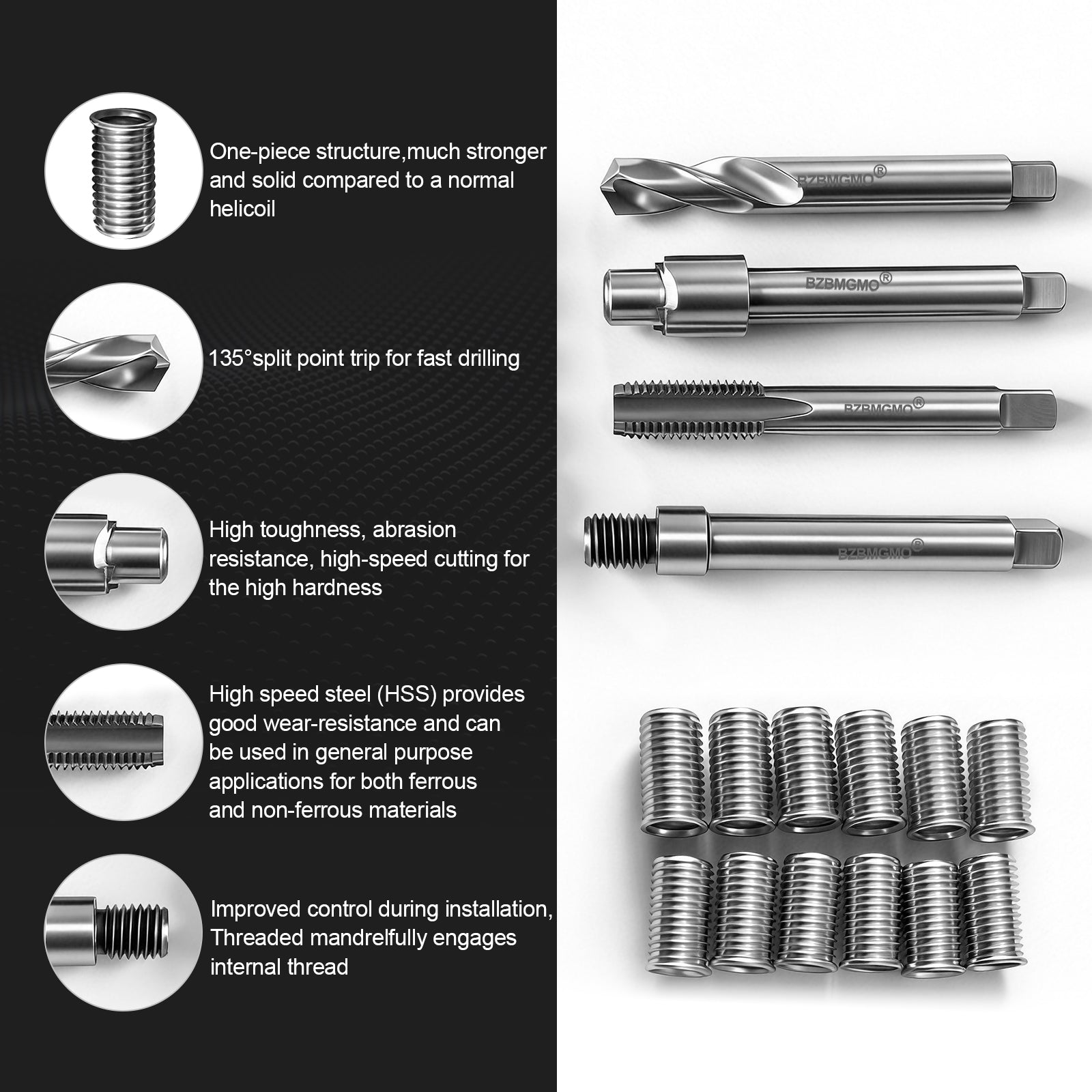 BZBMGMO M12x1.75 Thread Repair Kit, 12 Stainless Inserts(24.5mm), HSS Tools