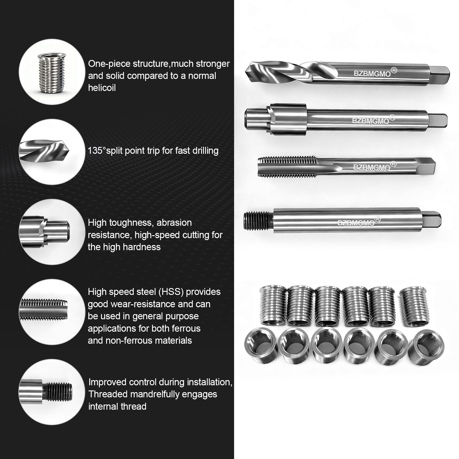 BZBMGMO M10x1.25 Metric Thread Repair Kit, 12 SS Inserts(16.2MM), HSS Tools