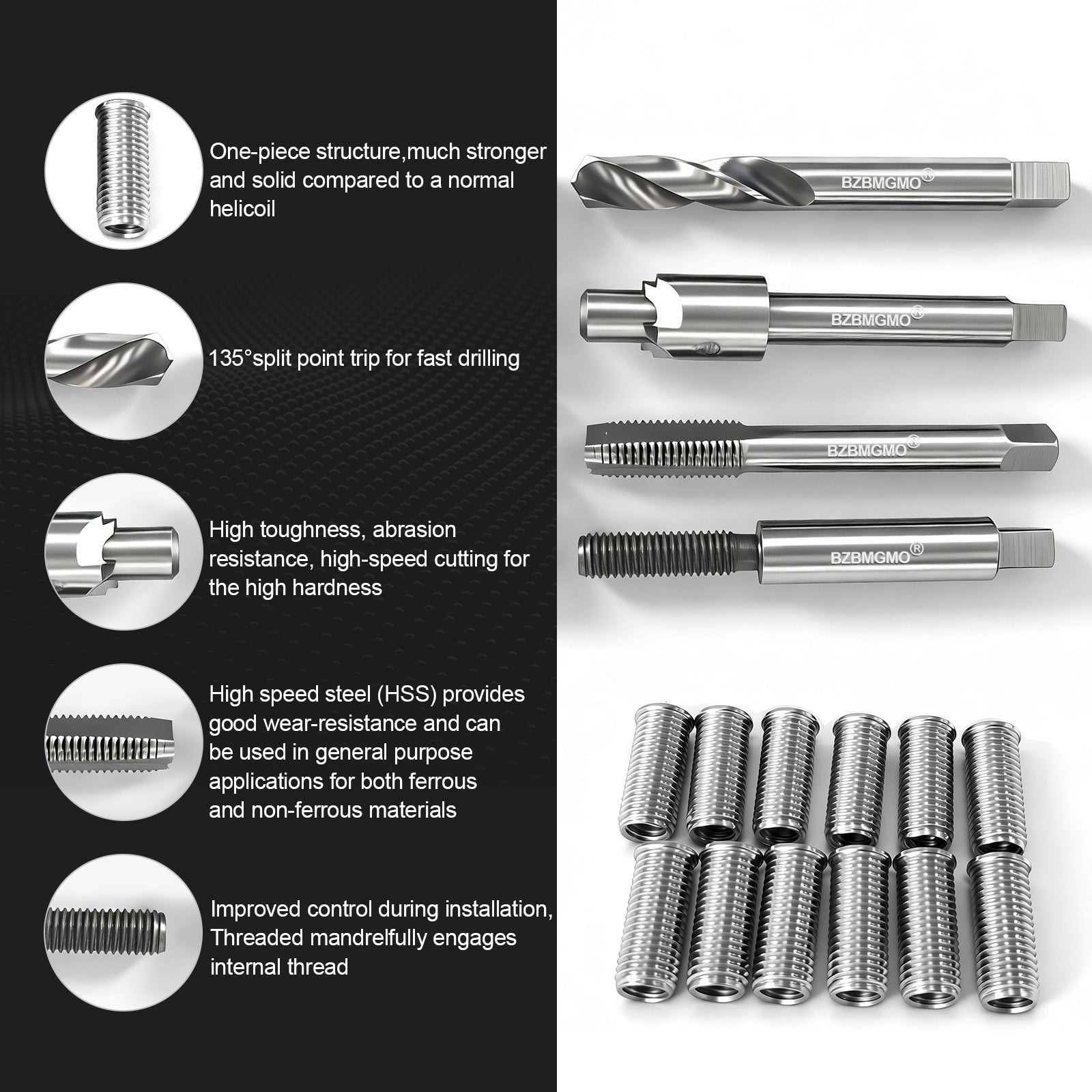 BZBMGMO M8x1.25 Thread Repair Kit, 12 Stainless Inserts(24.5mm), HSS Tools