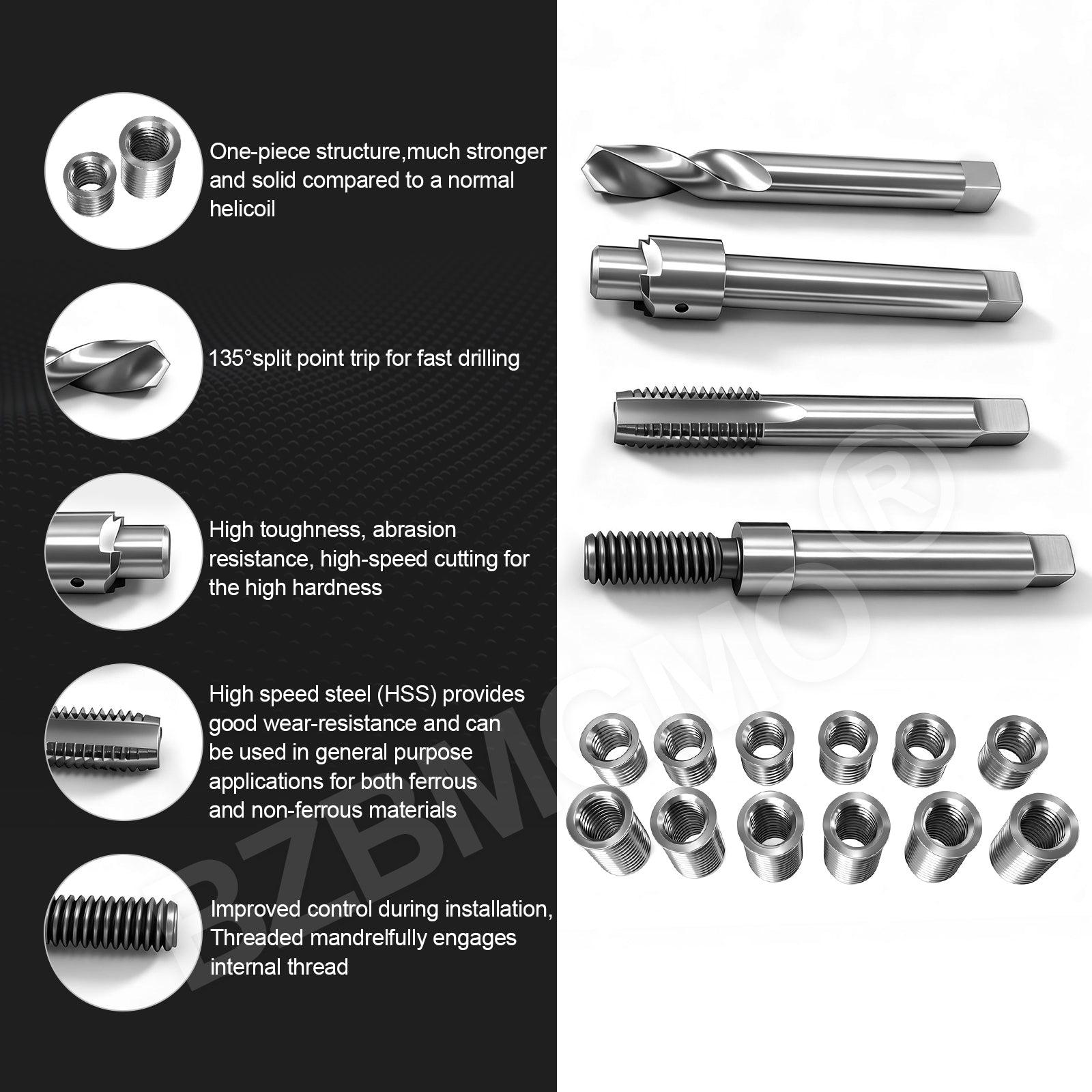 BZBMGMO M11x1.25 Thread Repair Kit, 12 Stainless Inserts(16.2/28mm), HSS Tools