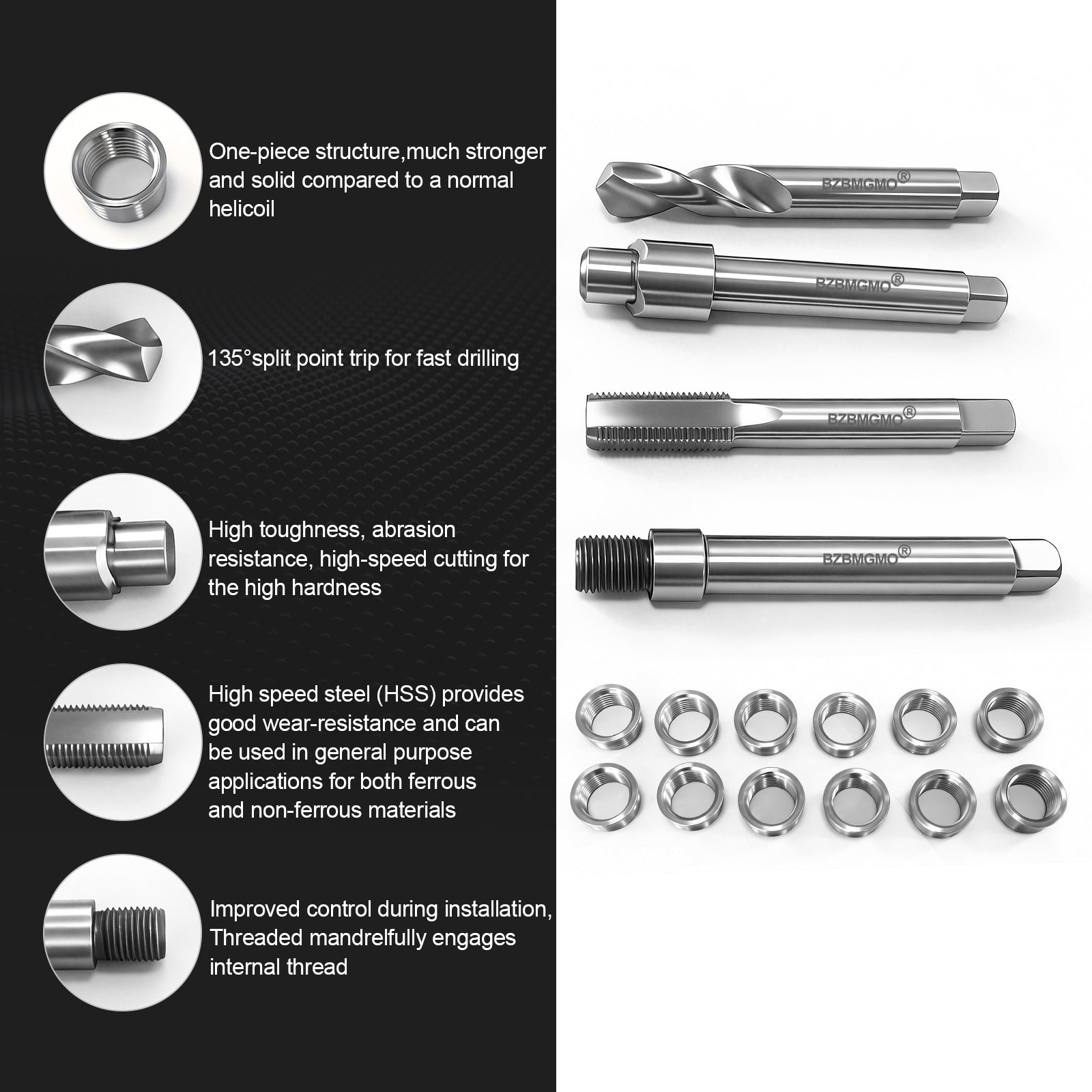 BZBMGMO M12x1.25 Thread Repair Kit, 12 Stainless Inserts(9.4mm), HSS Tools