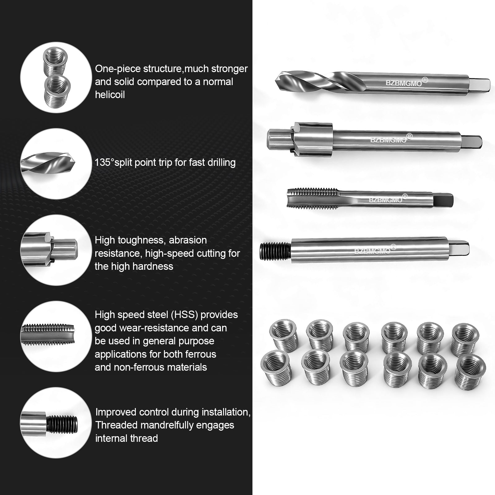 BZBMGMO M9x1.25 Thread Repair Kit, 12 Stainless Inserts(12.5mm), HSS Tools