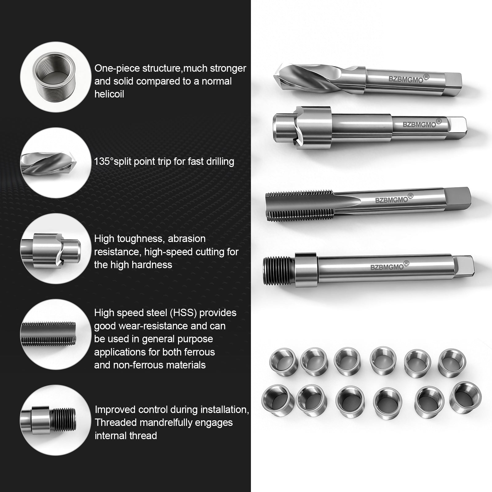 BZBMGMO M14x1.25 Thread Repair Kit, 12 Stainless Inserts(11.7/16.2mm), HSS Tools