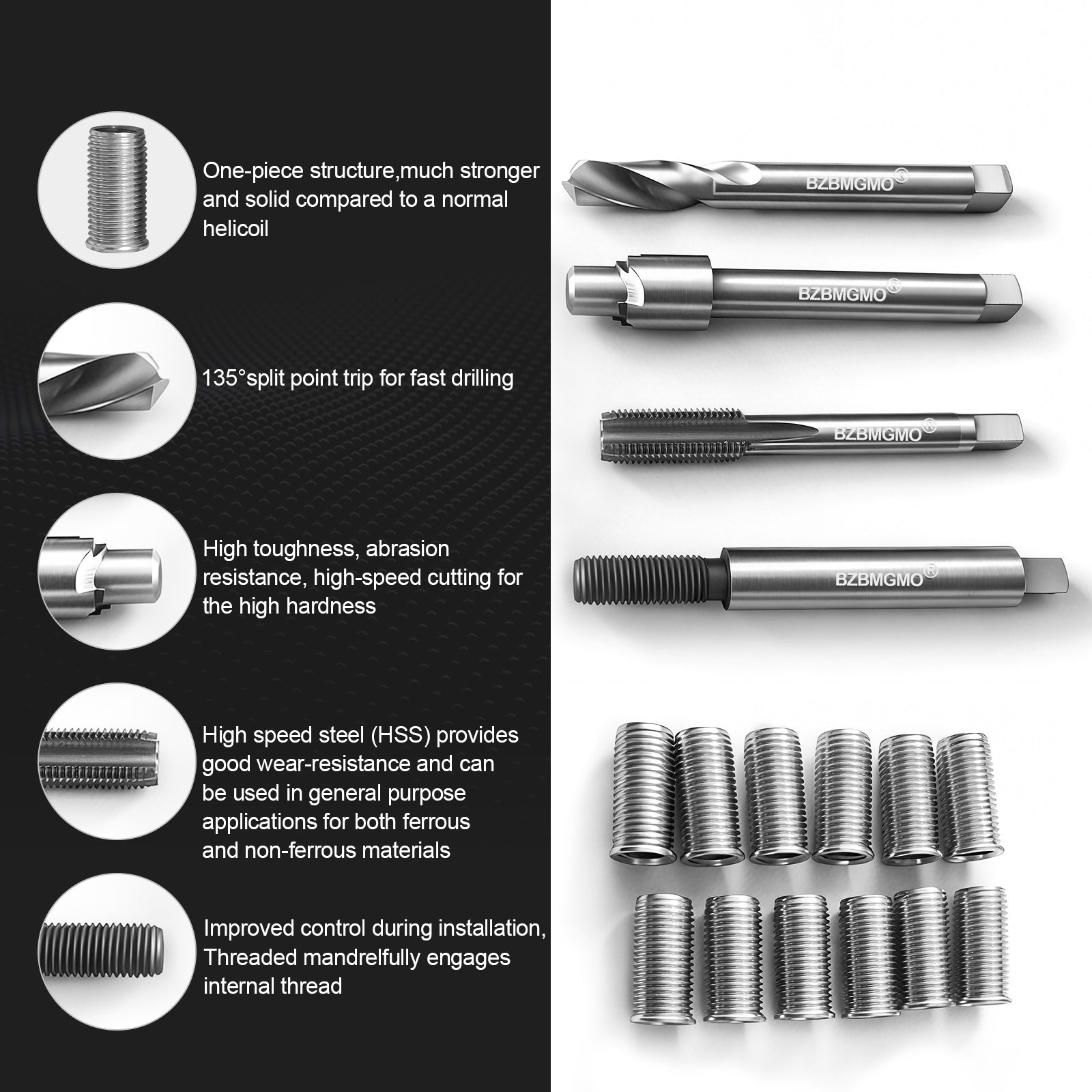 BZBMGMO M10x1.25 Thread Repair Kit, 12 Stainless Inserts(24.5mm), HSS Tools