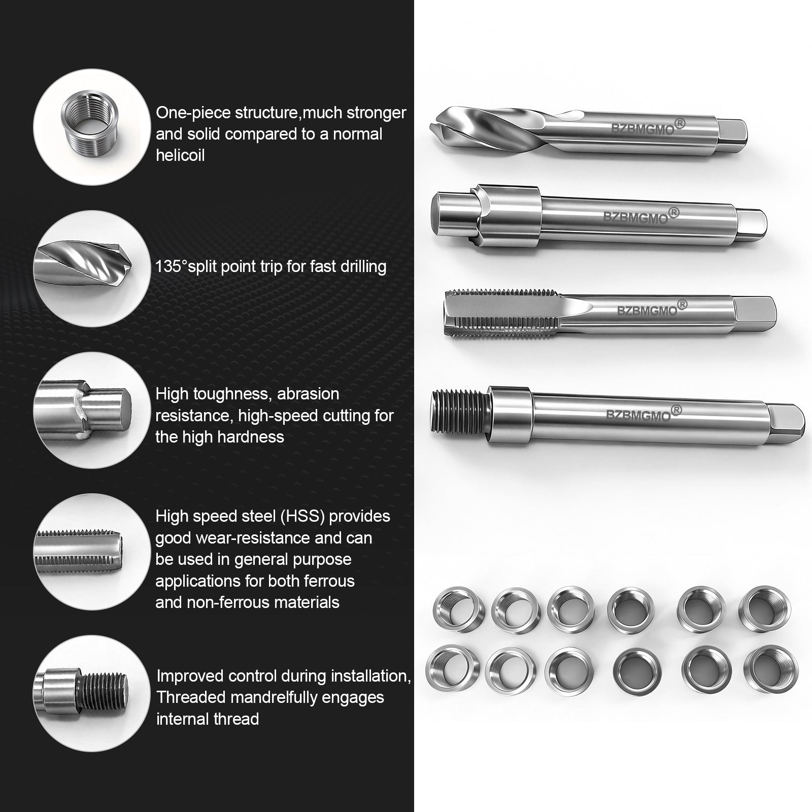 BZBMGMO M12x1.25 Thread Repair Kit, 12 Stainless Inserts(12.7mm), HSS Tools