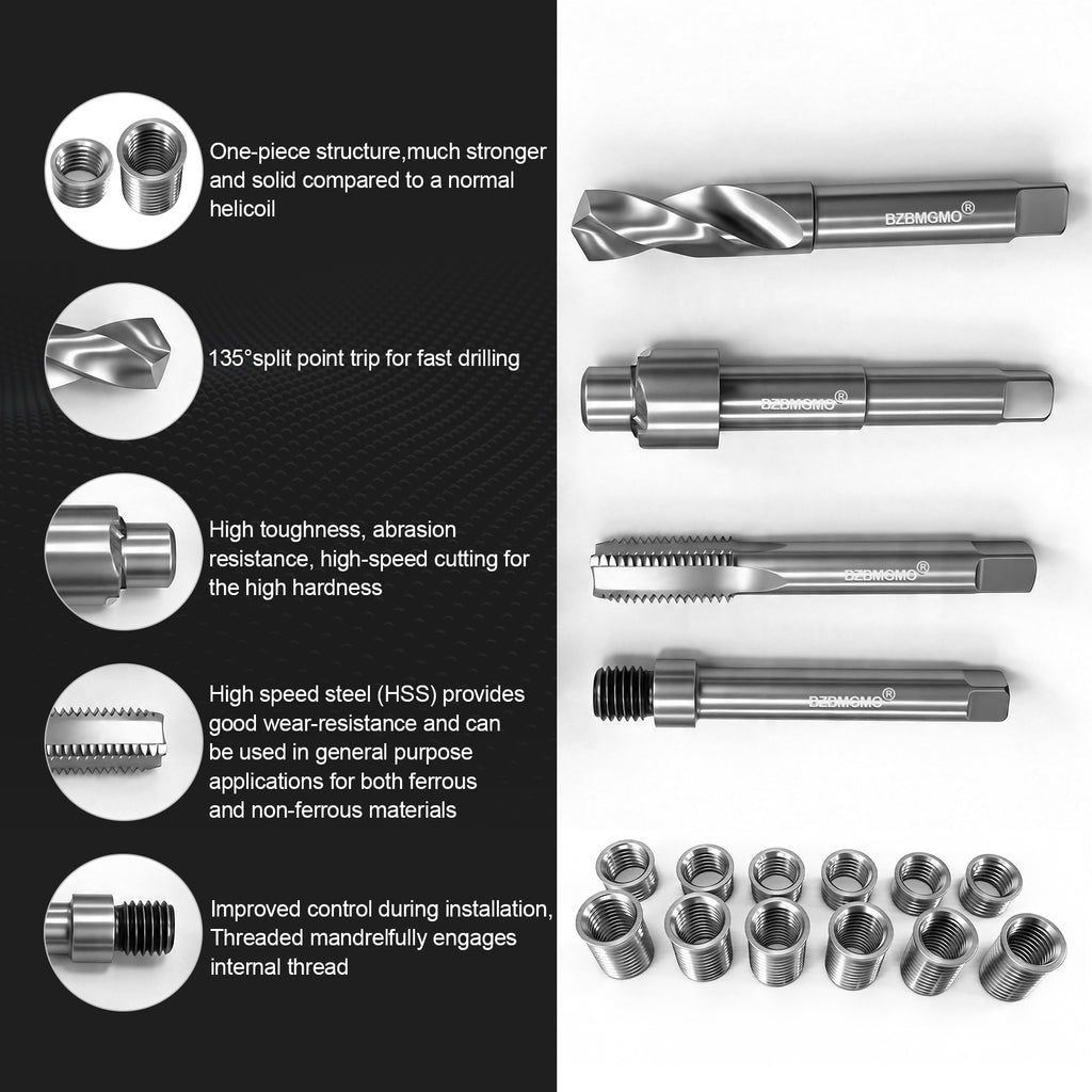 BZBMGMO M14x2.0 Thread Repair Kit, 12 Stainless Inserts(12.7/24.5mm), HSS Tools