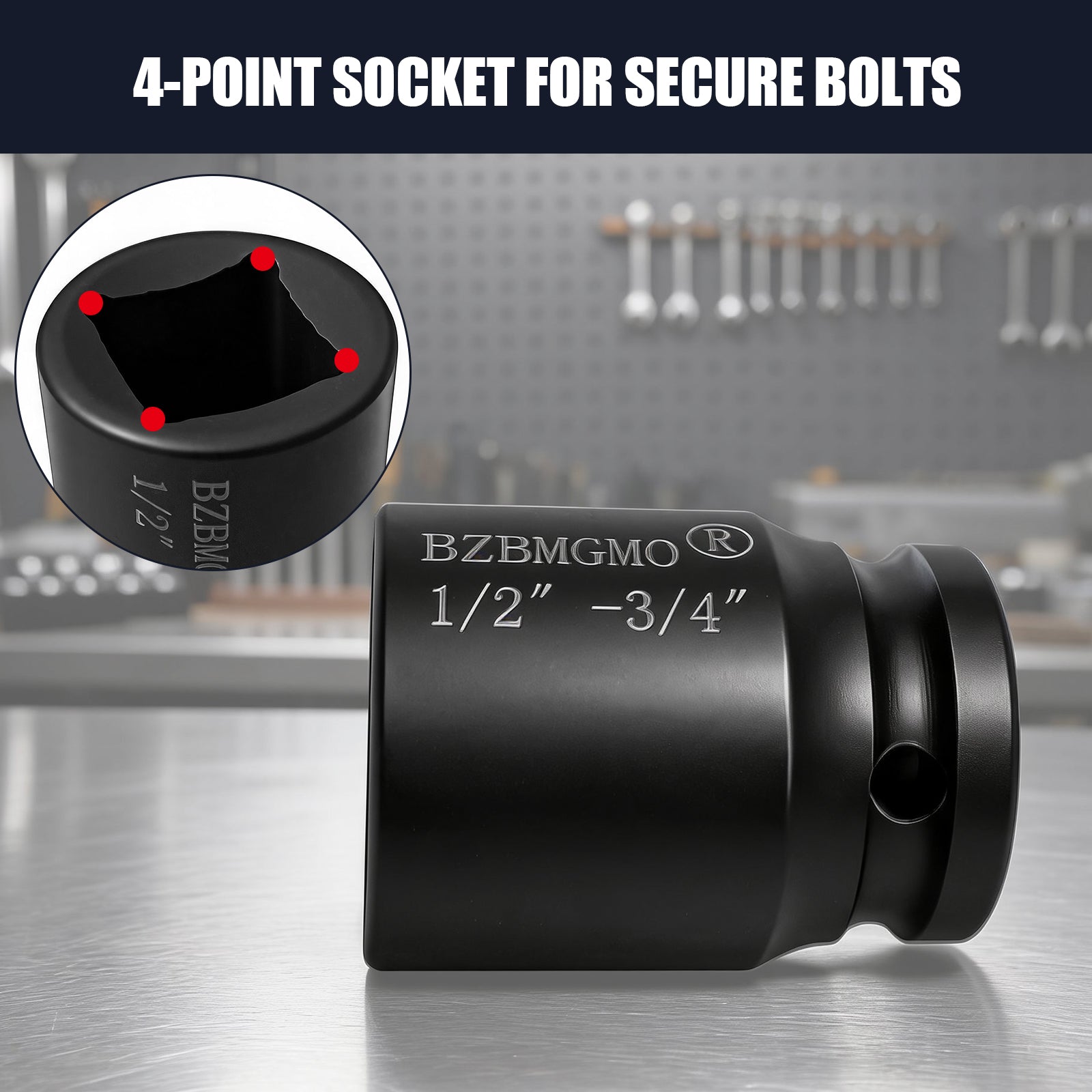 BZBMGMO 1/2" Drive x 3/4" 4-Point Square Impact Socket - Cr-Mo Steel
