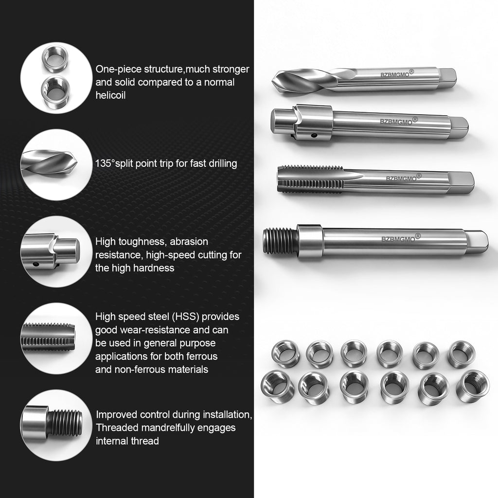 BZBMGMO M12x1.5 Thread Repair Kit, 12 Stainless Inserts(9.4/16.2mm), HSS Tools