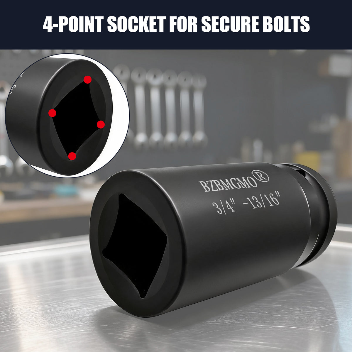 BZBMGMO 3/4" Drive x 13/16" 4-Point Square Impact Socket - Cr-Mo Steel
