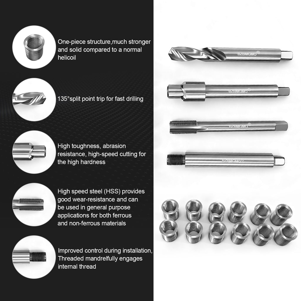 BZBMGMO M10x1.0 Thread Repair Kit, 12 Stainless Inserts(16.2mm), HSS Tools