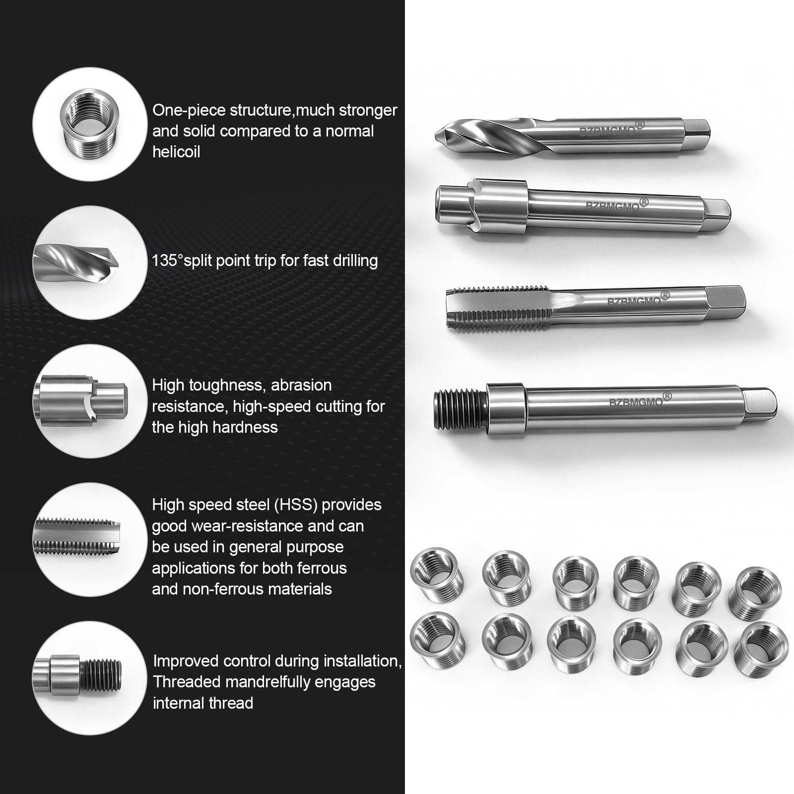 BZBMGMO M12x1.75 Thread Repair Kit, 12 Stainless Inserts(16.2mm), HSS Tools