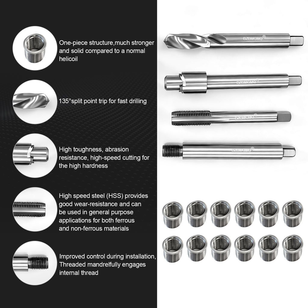 BZBMGMO M10x1.25 Metric Thread Repair Kit, 12  SS Inserts(12.7MM), HSS Tools