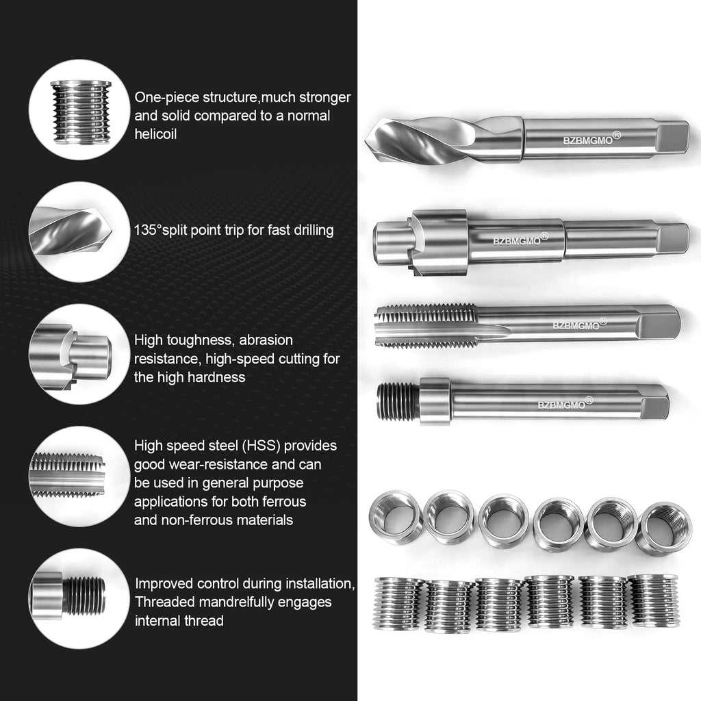 BZBMGMO M14x1.5 Thread Repair Kit, 12 Stainless Inserts(16.2mm), HSS Tools