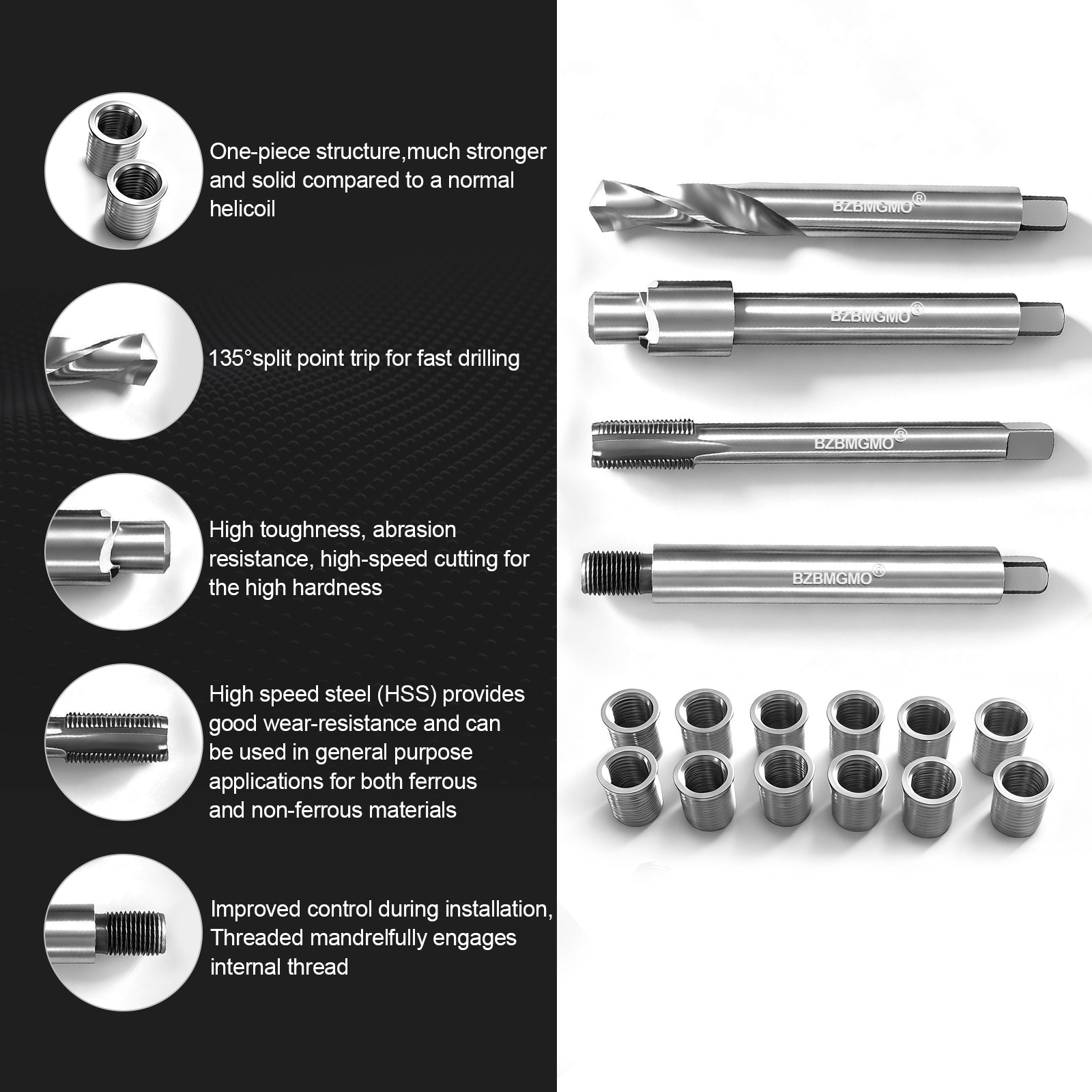 BZBMGMO M10x1.0 Metric Thread Repair Kit, 12 SS Inserts(12.7MM), HSS Tools