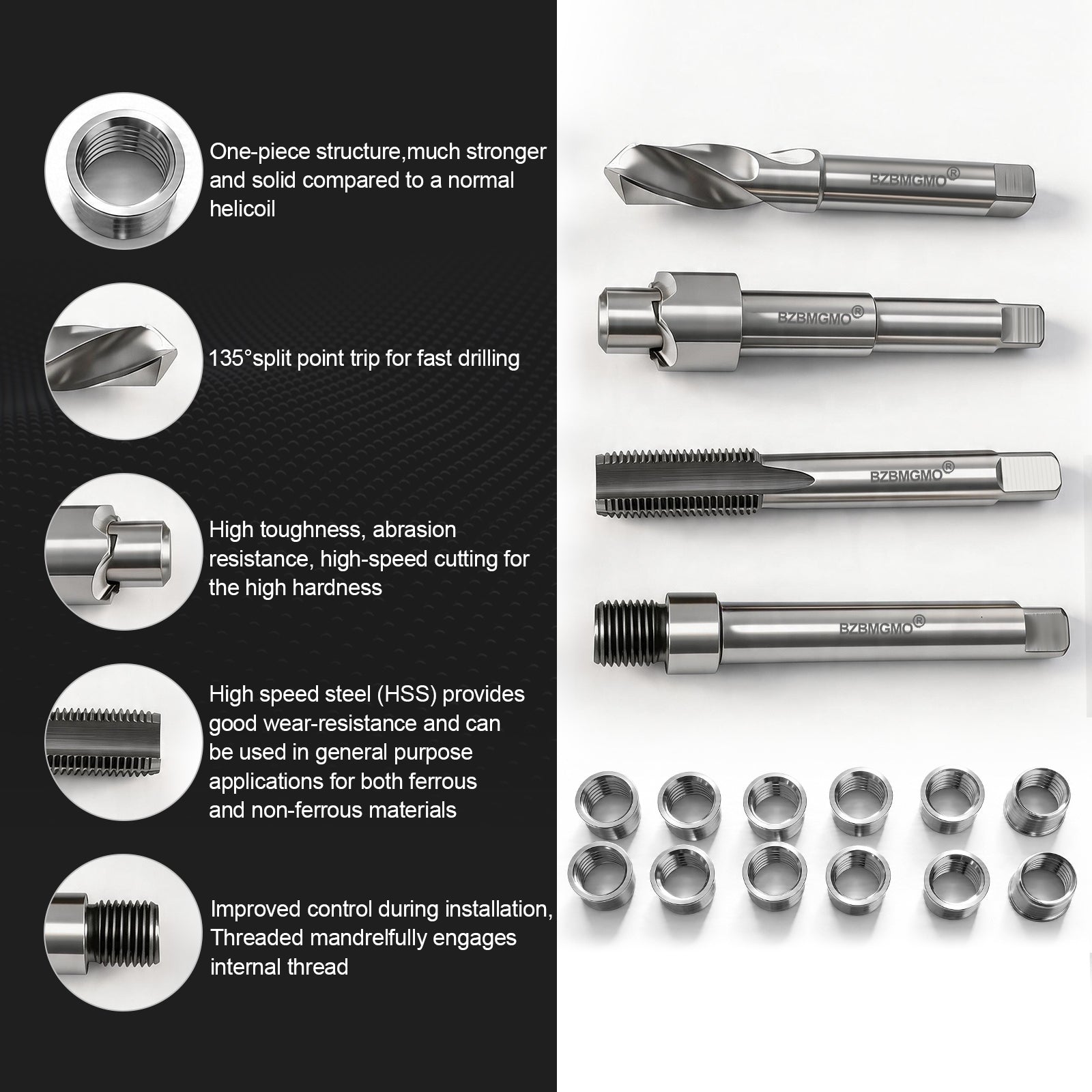 BZBMGMO M14x1.5 Thread Repair Kit, 12 Stainless Inserts(9.4mm), HSS Tools