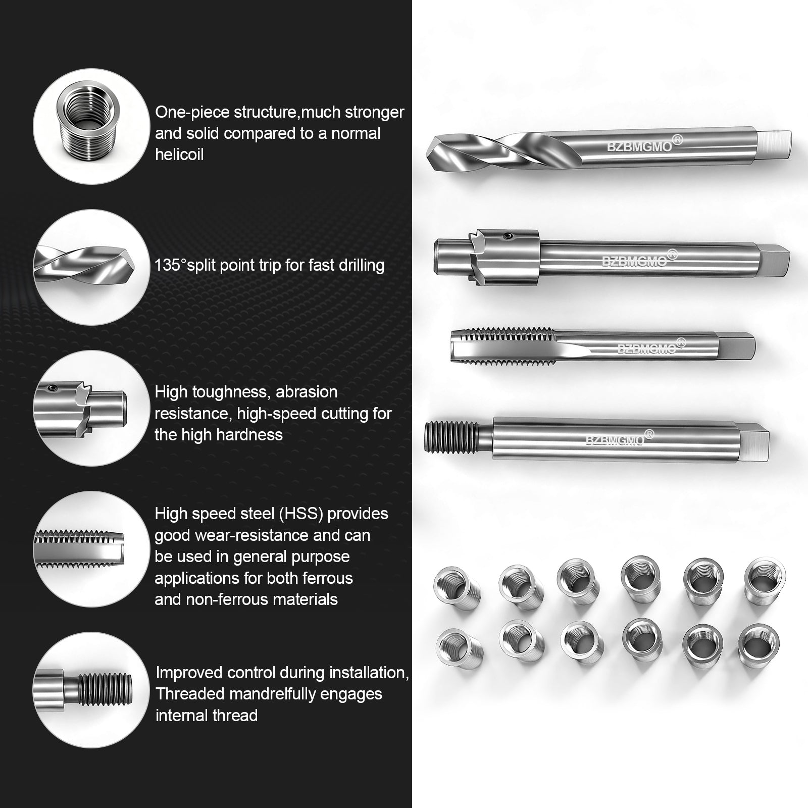 BZBMGMO M10x1.5 Metric Thread Repair Kit, 12 SS Inserts(16.2MM), HSS Tools