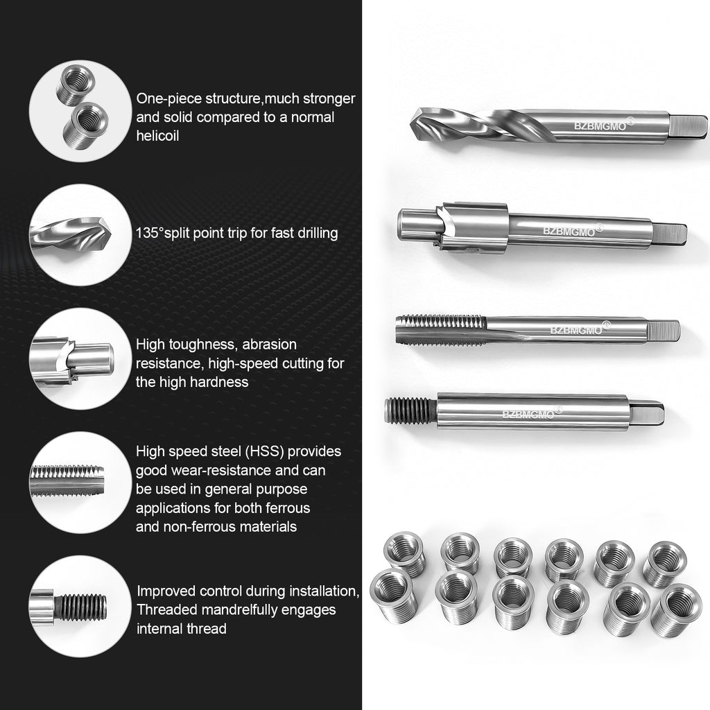 BZBMGMO M8x1.0 Thread Repair Kit, 12 Stainless Inserts(11.4/15.4mm), HSS Tools