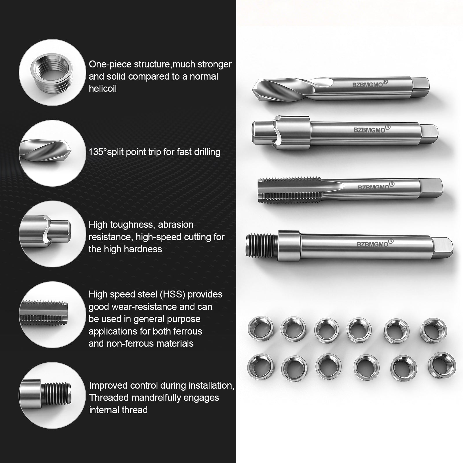 BZBMGMO M12x1.5 Thread Repair Kit, 12 Stainless Inserts(9.4mm), HSS Tools