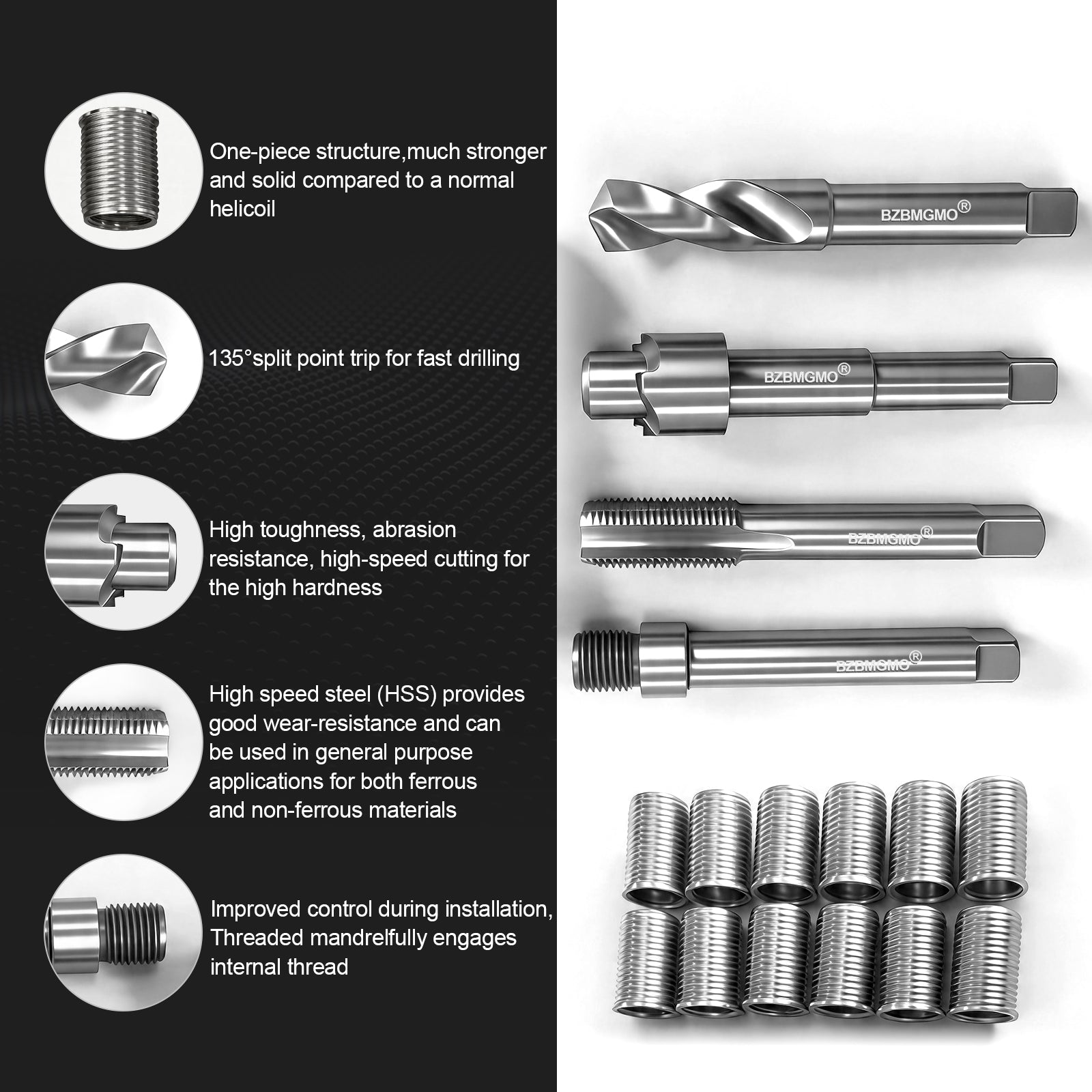 BZBMGMO M14x1.5 Thread Repair Kit, 12 Stainless Inserts(24.5mm), HSS Tools