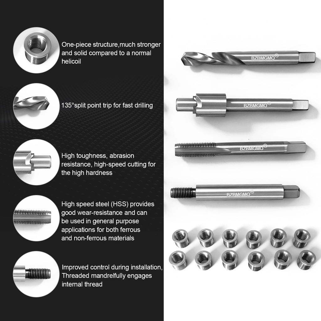 BZBMGMO M7x1.0 Thread Repair Kit, 12 Stainless Inserts(9.4mm), HSS Tools