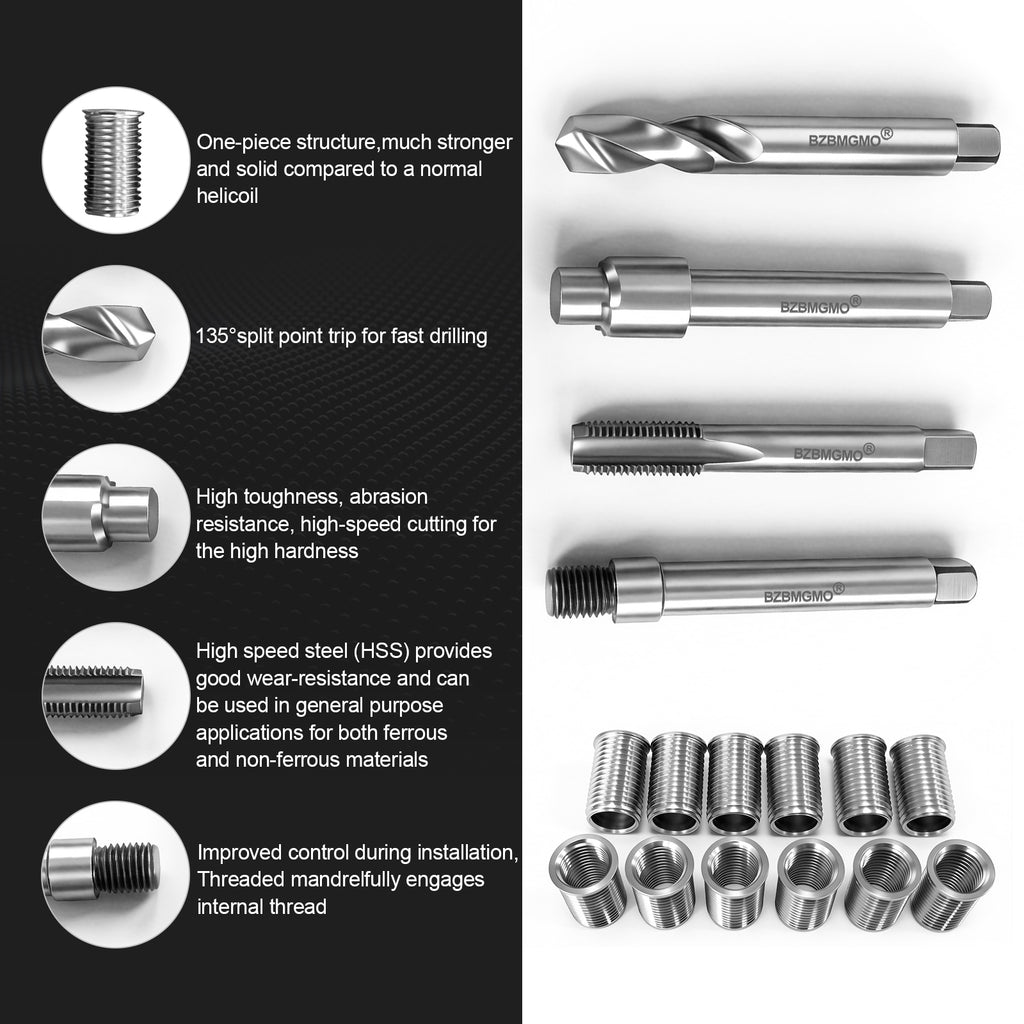 BZBMGMO M12x1.25 Thread Repair Kit, 12 Stainless Inserts(24.5mm), HSS Tools