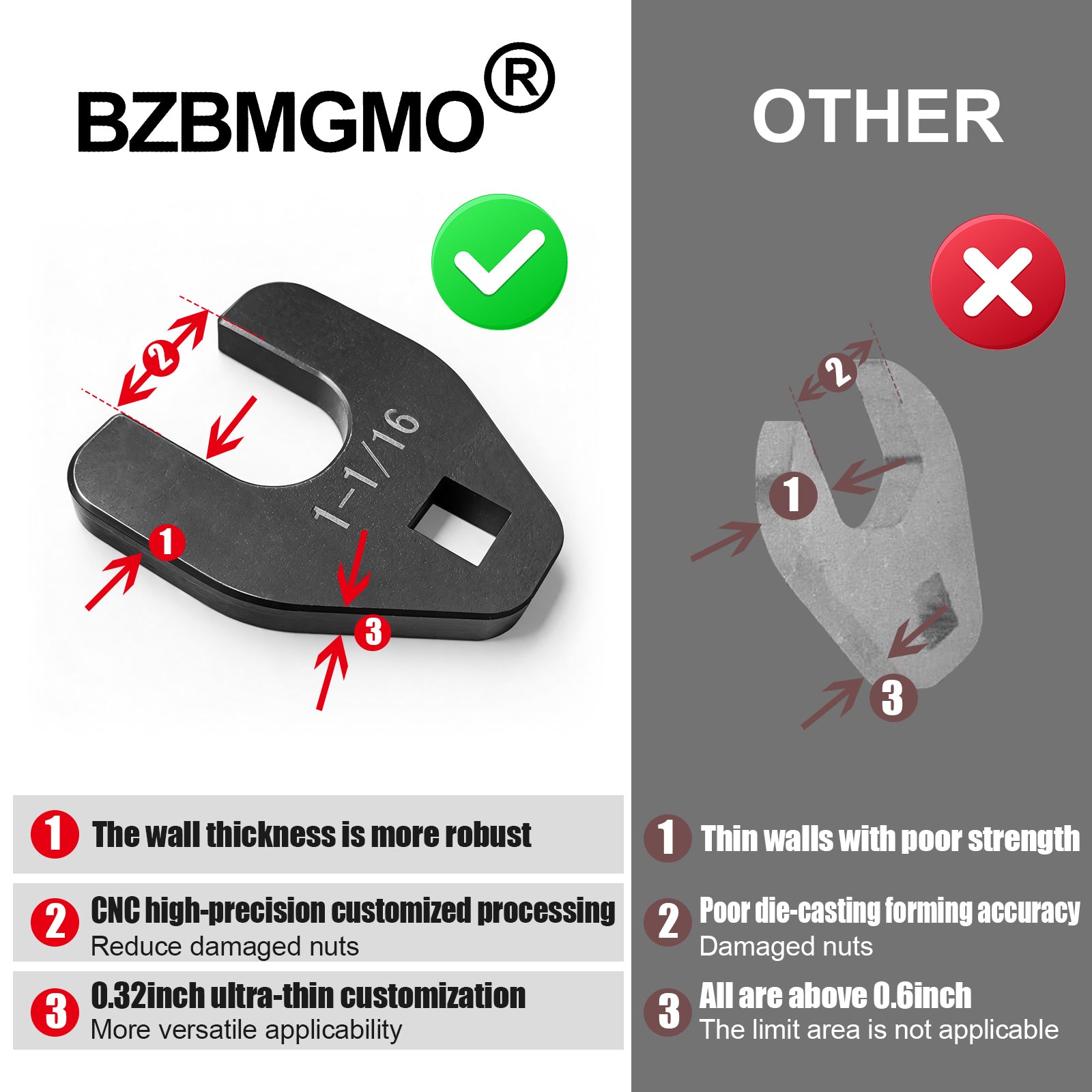 BZBMGMO 1-1/16" Crowfoot Nut Wrench，Fits 1/2" Square Drive