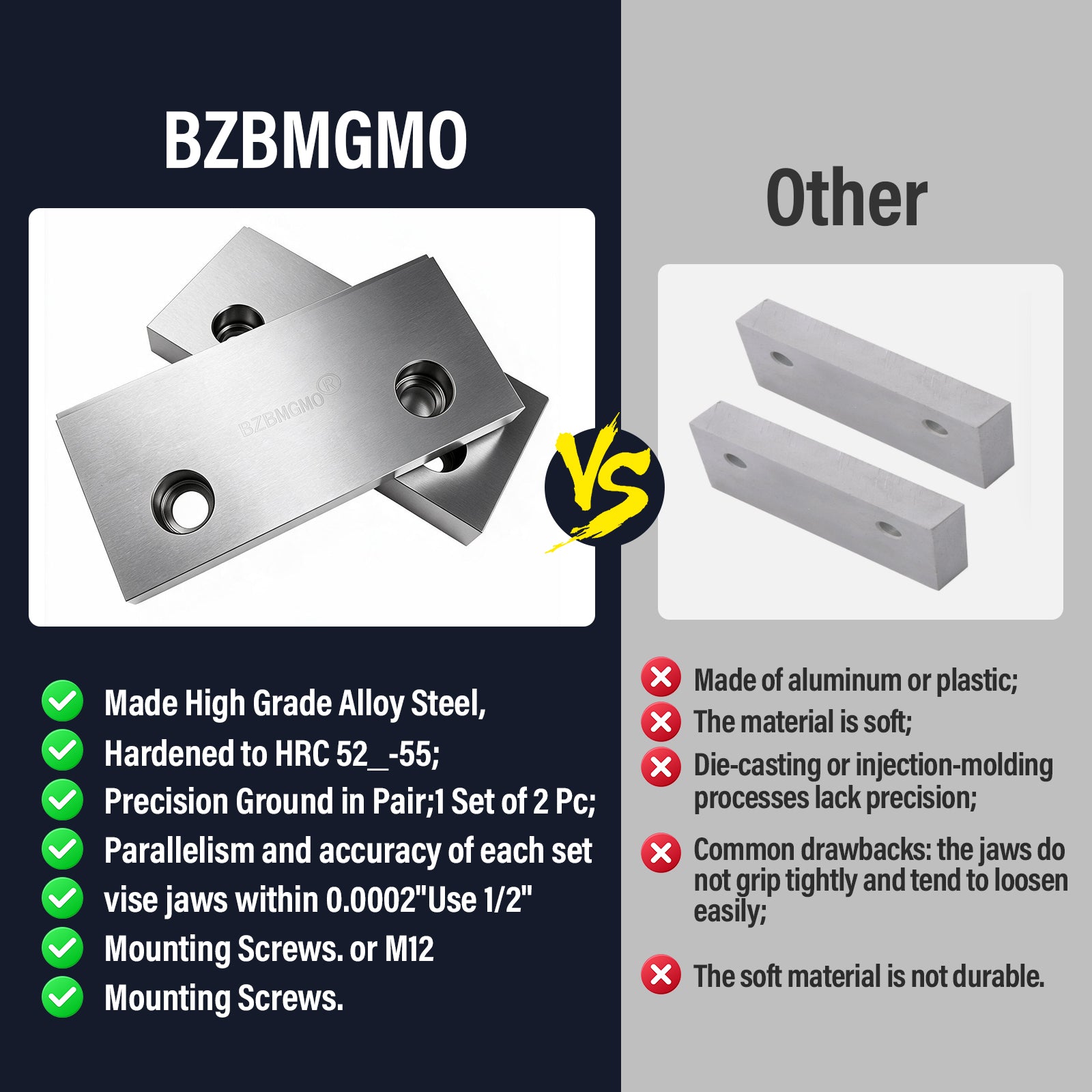 BZBMGMO 6" x 3" Tool Steel Hardened Vise Jaws for 6" Kurt Vises (HRC 58-60)